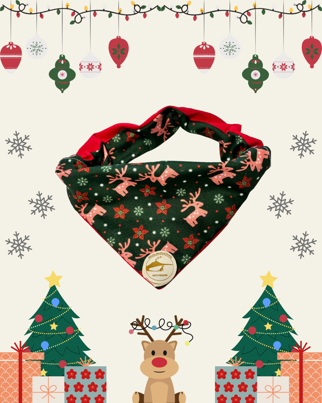 Bandana Natalizia sartoriale double-face per cani rossa e tessuto fantasia verde con renne con scritta “Buon Natale!” stampata