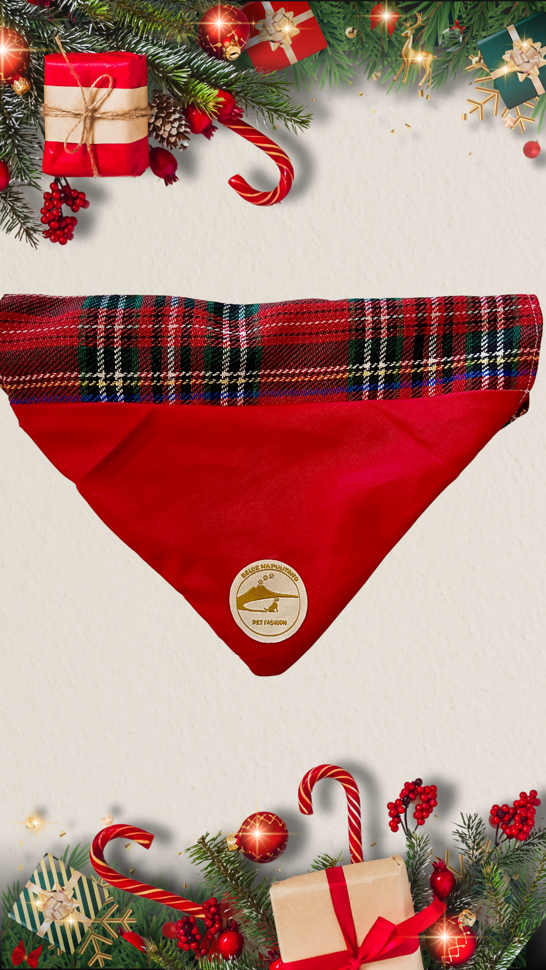 Bandana natalizia sartoriale double-face per cani in tessuto Tartan - Personalizzabile