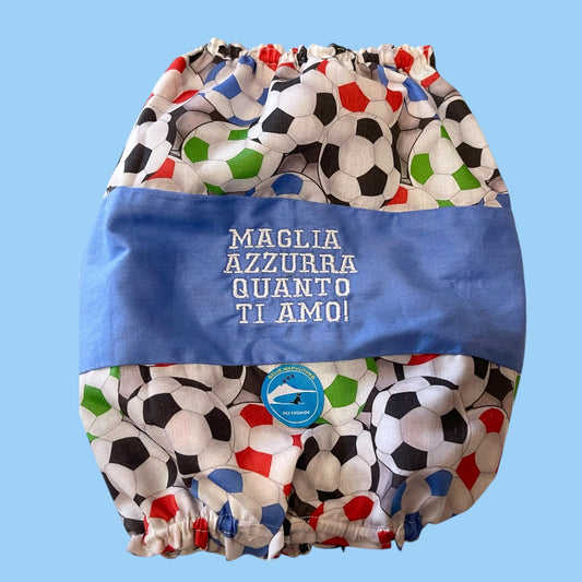 Snood sartoriale double-face per cocker con scritta ricamata “Maglia azzurra quanto ti amo!”