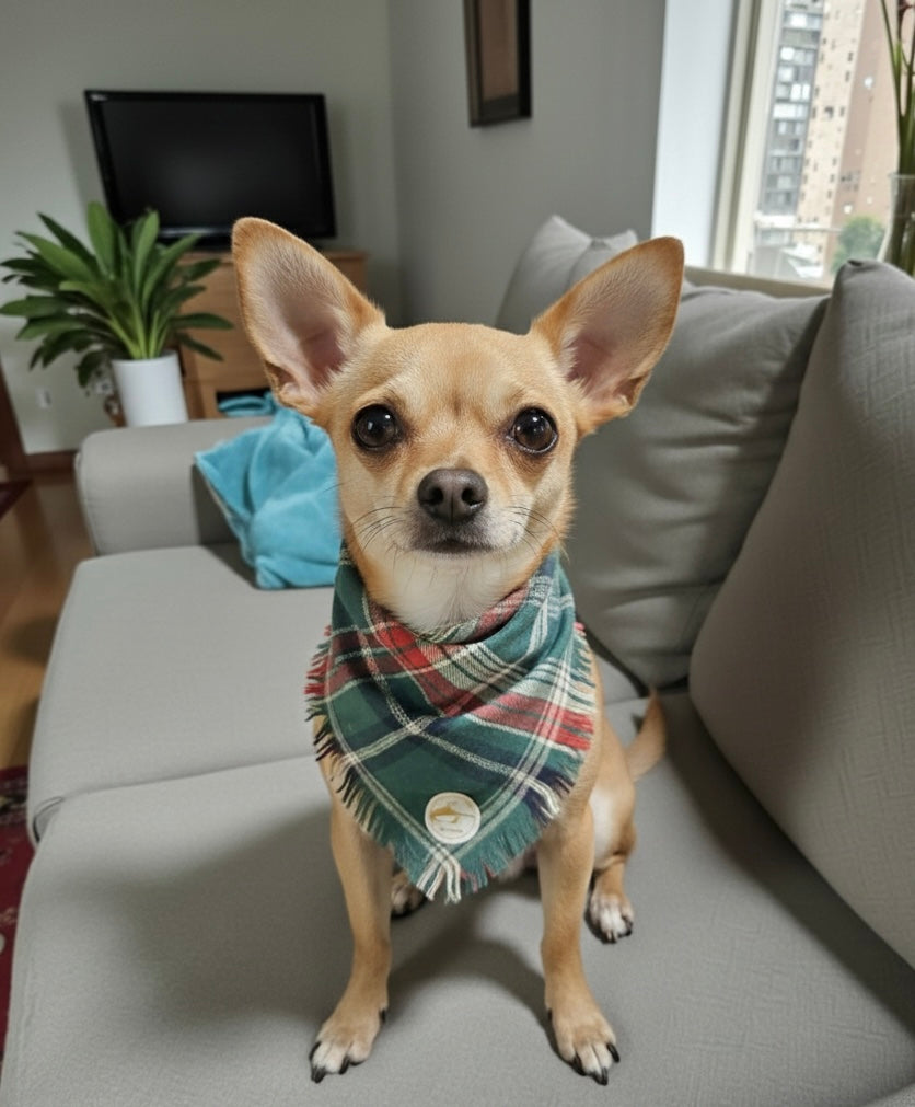 Bandana tartan per cani invernale  morbida e calda sfrangiata - (Verde-bianco-rosso)