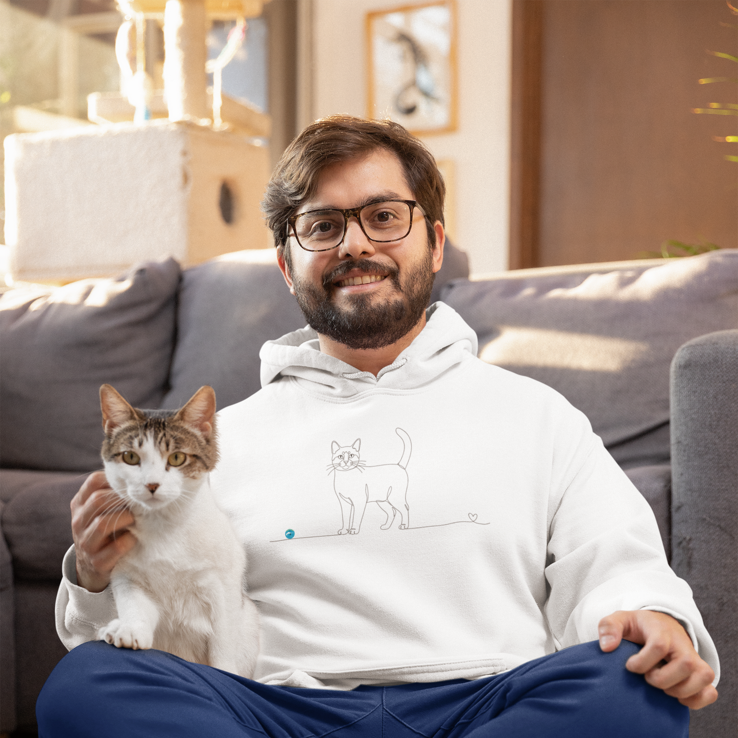 Felpa Unisex con Cappuccio- Gatto a pelo corto e cuore - Line Art