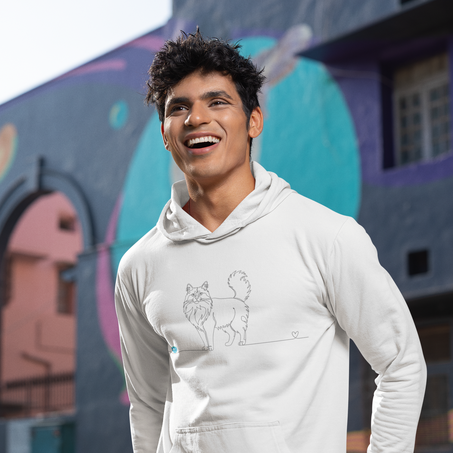 Felpa Unisex con Cappuccio - Gatto a pelo lungo e cuore - Line Art