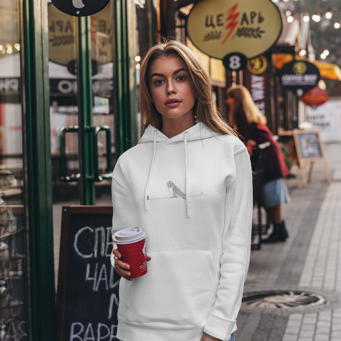 Felpa Unisex con Cappuccio - Pappagallino e cuore - Line Art