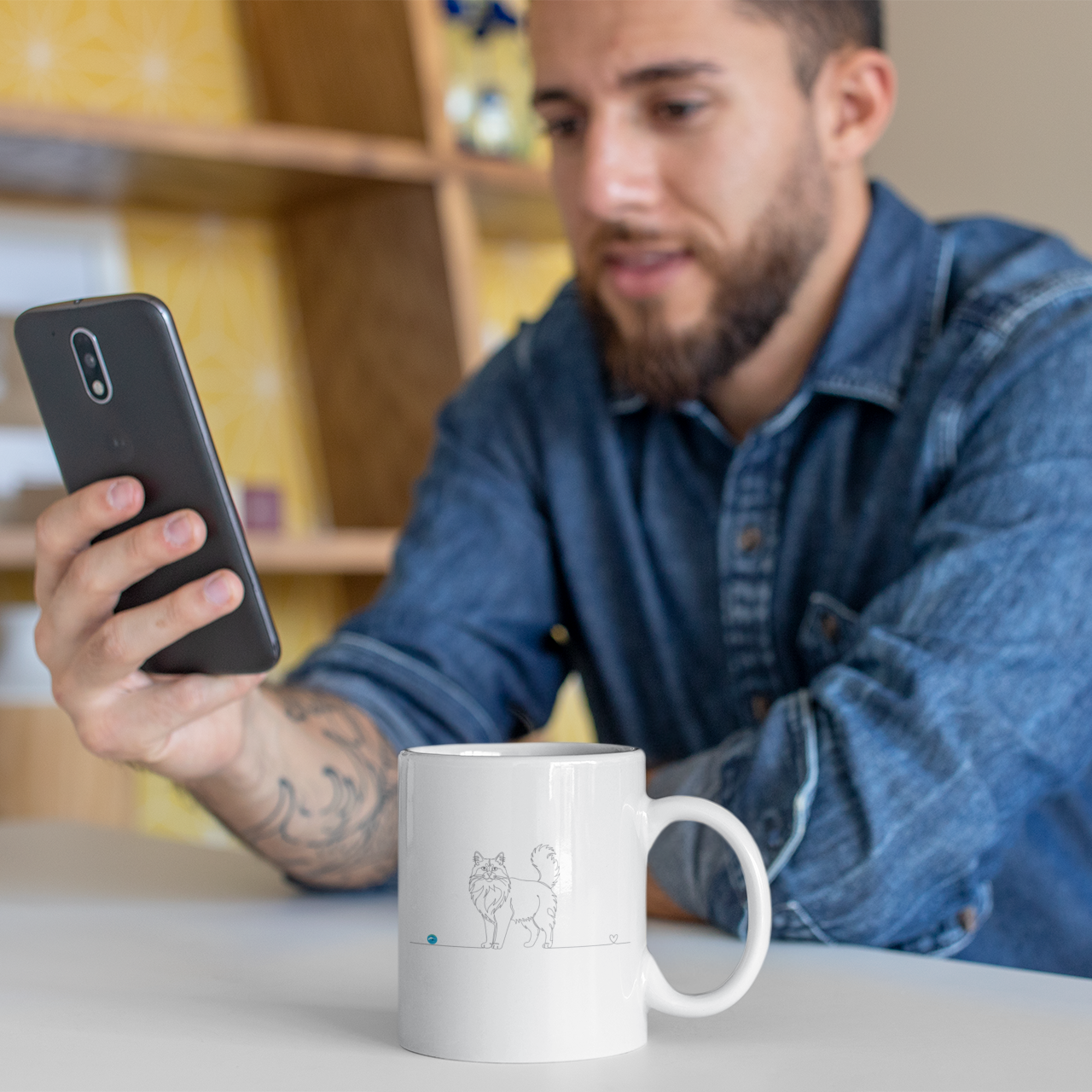 Tazza gatto a pelo lungo e cuore - Line Art