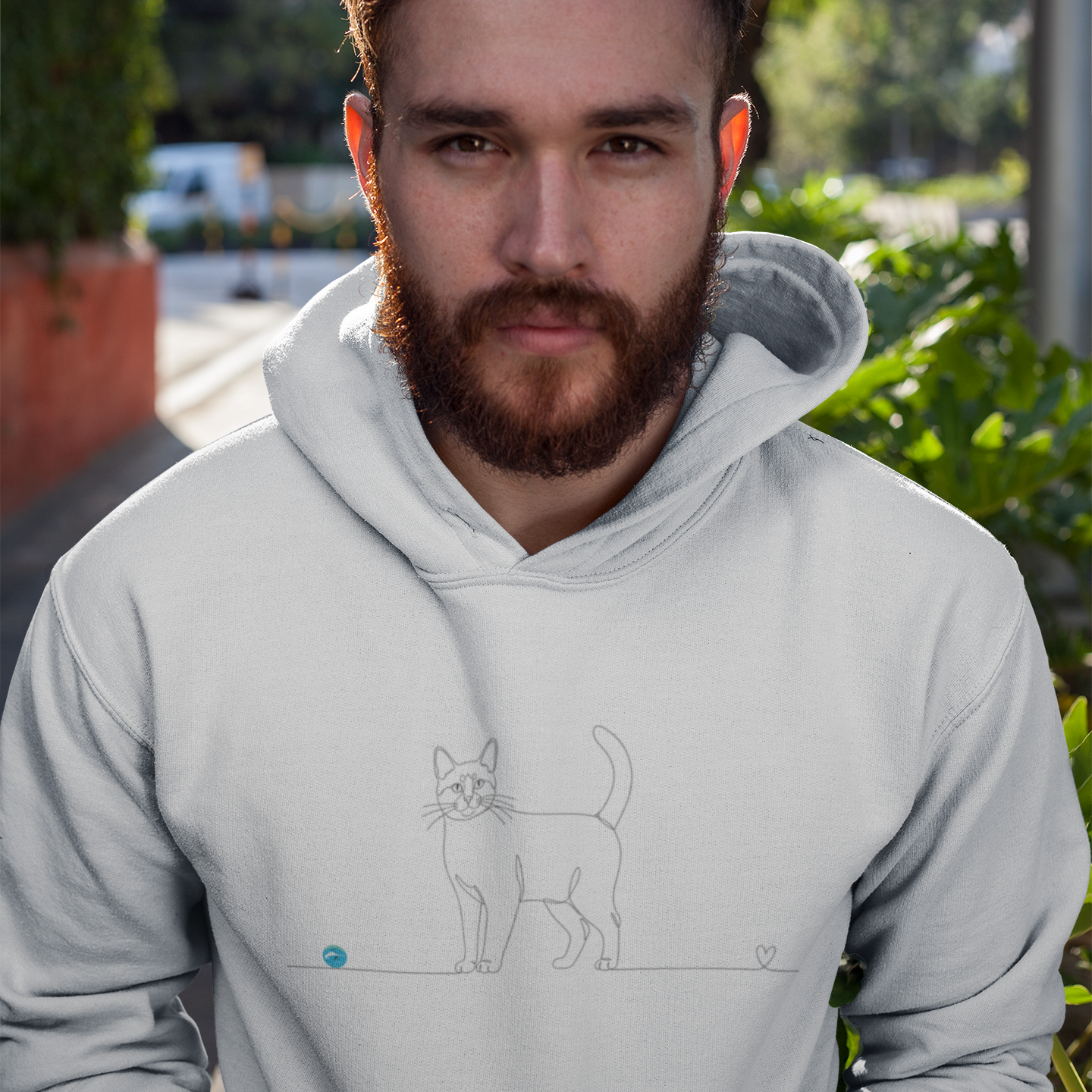 Felpa Unisex con Cappuccio- Gatto a pelo corto e cuore - Line Art