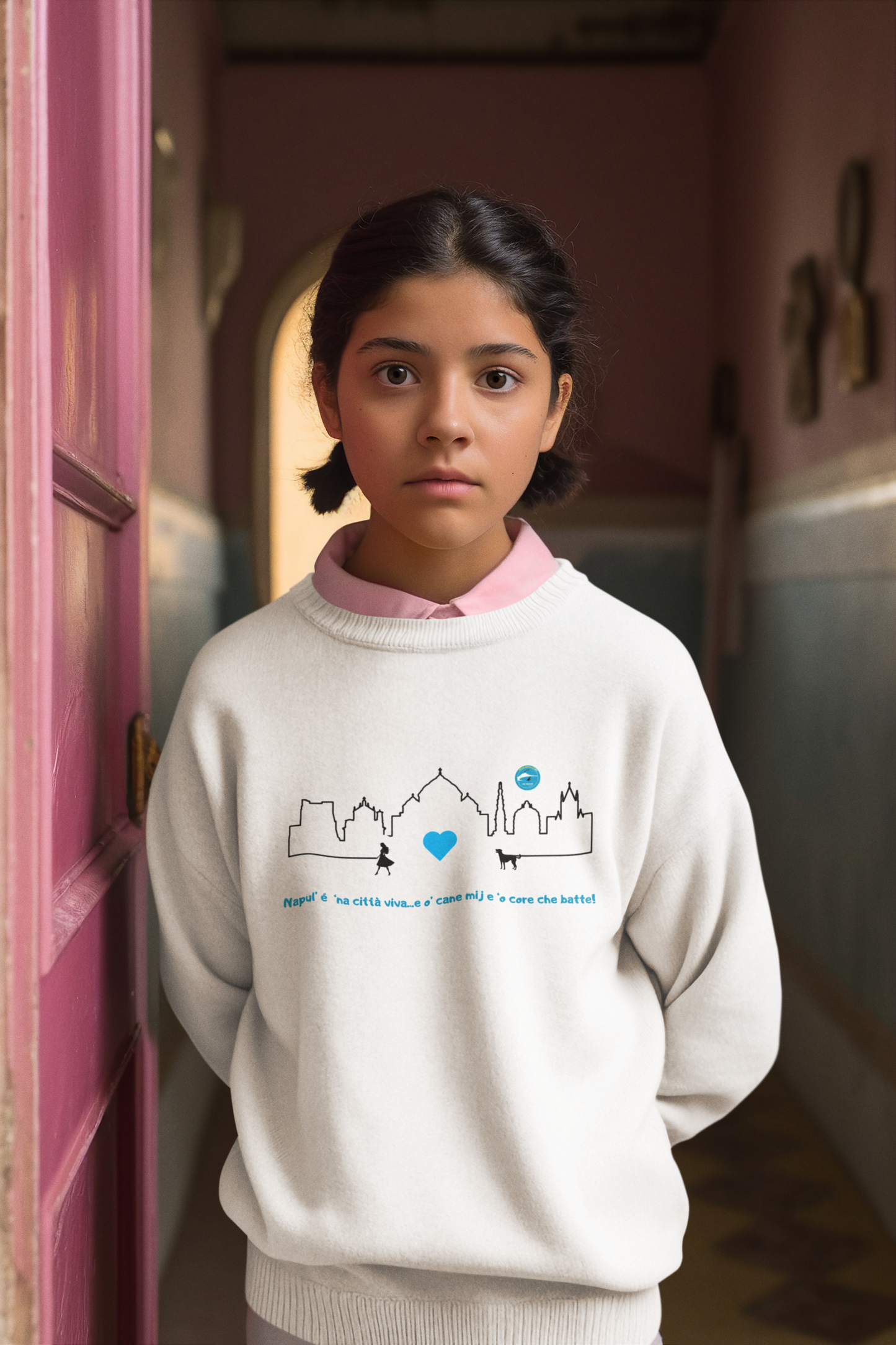 Felpa Bambina "Skyline Napoli & Cane" – 80% Cotone, Sicurezza REACH & Design Esclusivo