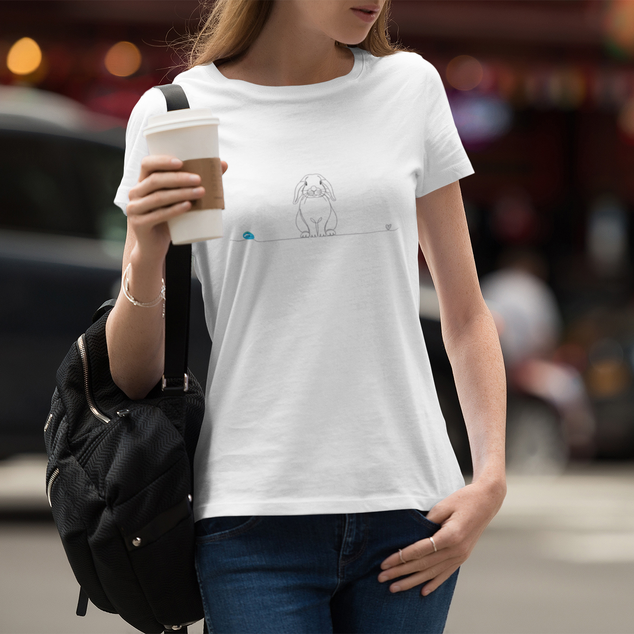 T-Shirt Unisex cotone biologico - Coniglio Ariete e cuore - Line Art