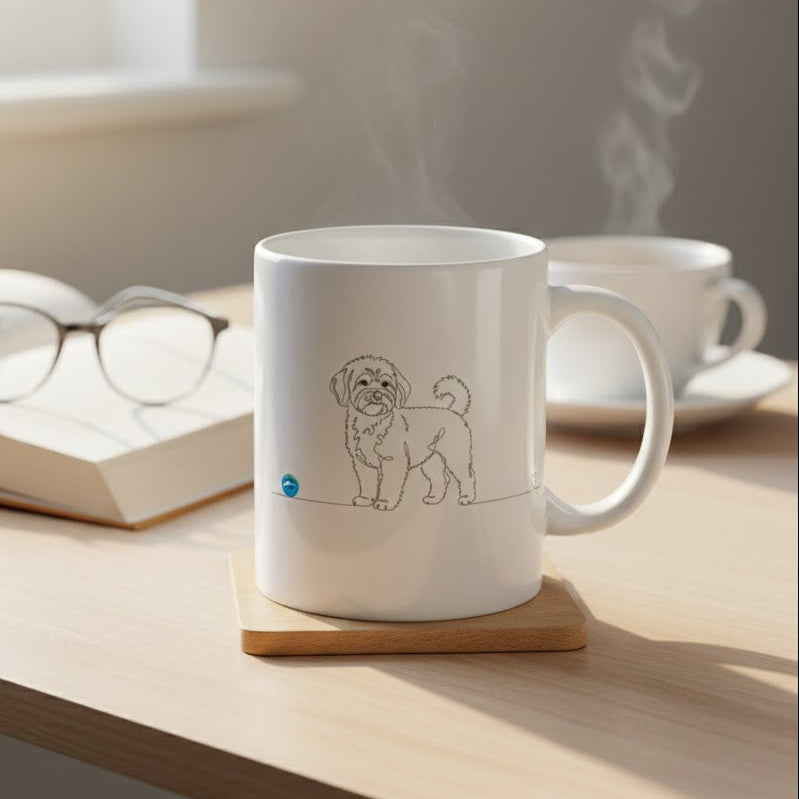tazza con maltipoo line art sul tavolo