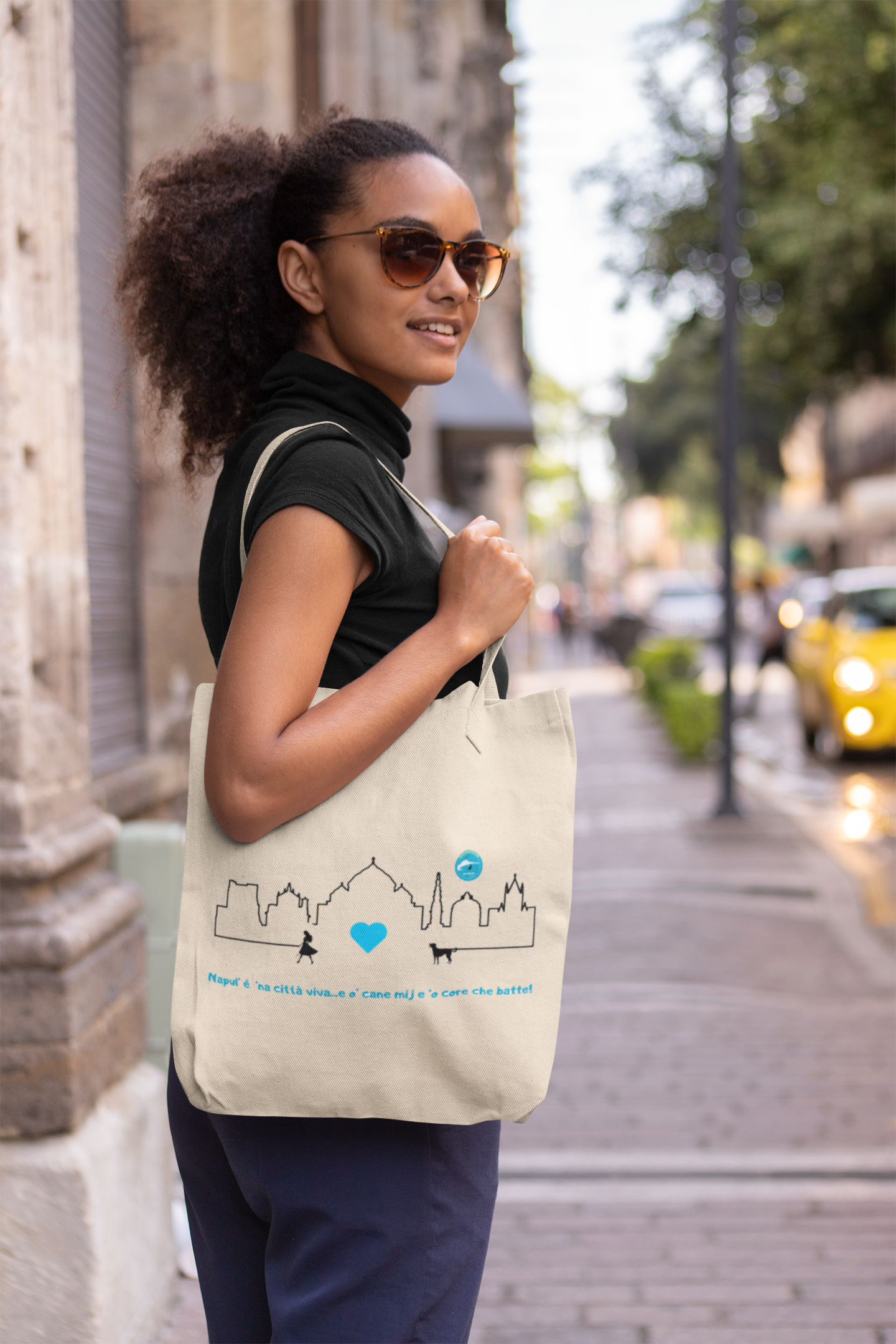 Borsa Tote donna Riciclata "Napoli Skyline & Cane" – Stampa Fronte-Retro & Eco-Friendly