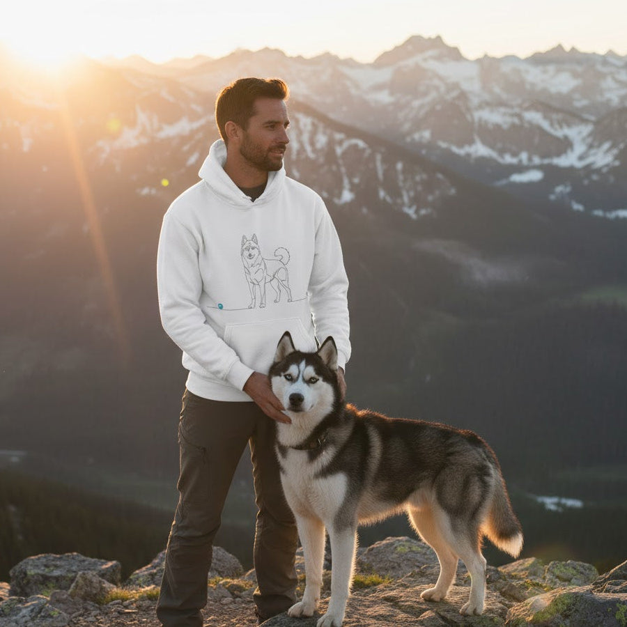 Felpa Unisex con Cappuccio - Husky e cuore - Line Art