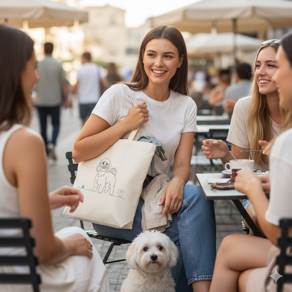 Borsa tote in cotone Eco-Friendly con maltese e cuore - Line Art