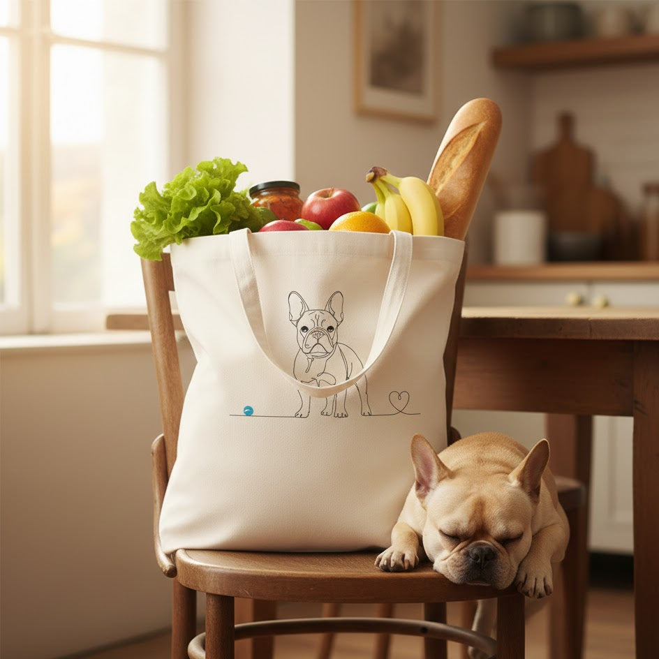 Borsa borsa tote in cotone Eco-Friendly - Bulldog Francese e cuore - Line Art
