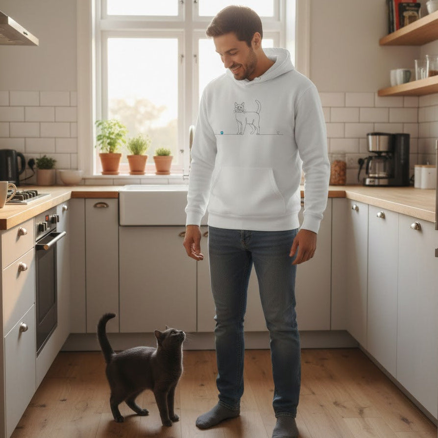 Felpa Unisex con Cappuccio- Gatto a pelo corto e cuore - Line Art