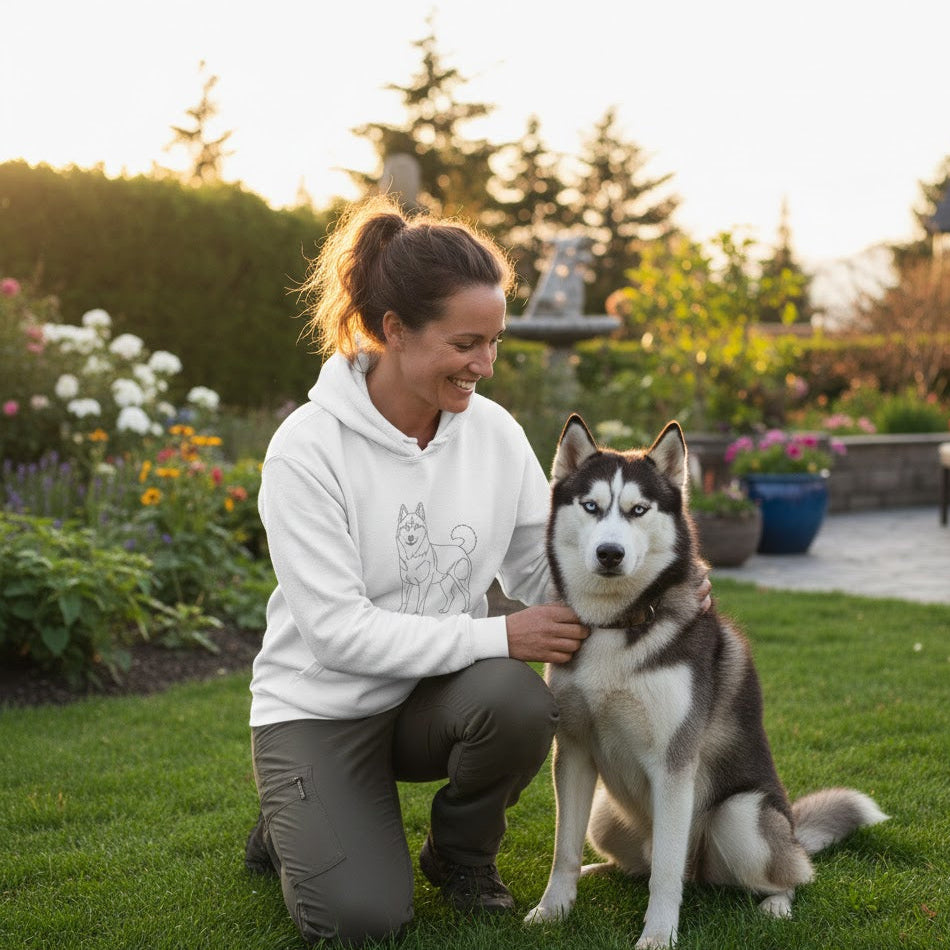 Felpa Unisex con Cappuccio - Husky e cuore - Line Art
