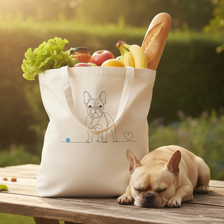 Borsa borsa tote in cotone Eco-Friendly - Bulldog Francese e cuore - Line Art