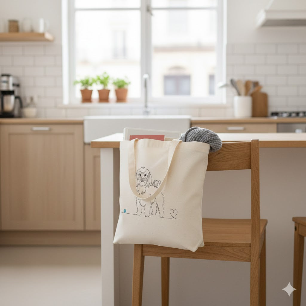 Borsa tote in cotone Eco-Friendly con maltese e cuore - Line Art