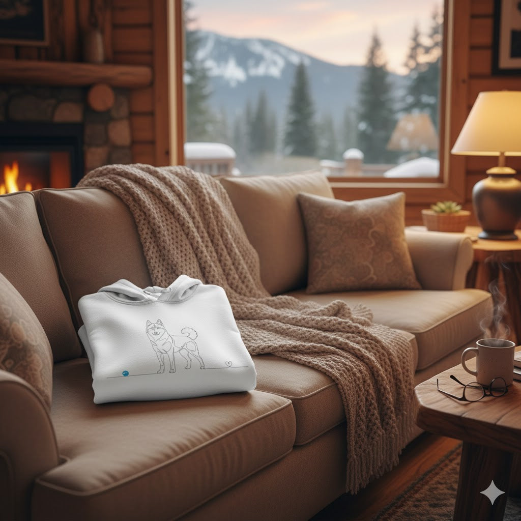 Felpa Unisex con Cappuccio - Husky e cuore - Line Art