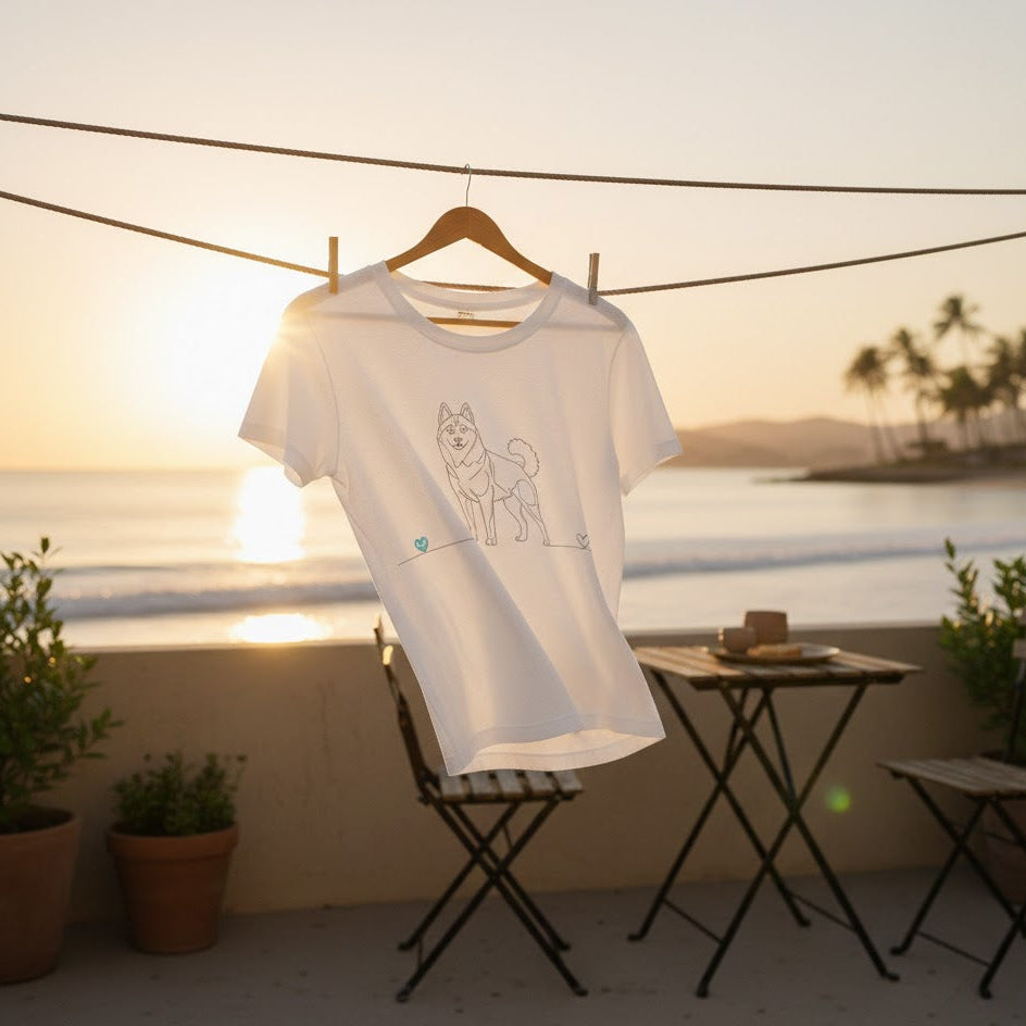 T-Shirt Unisex cotone biologico - Husky e cuore - Line Art