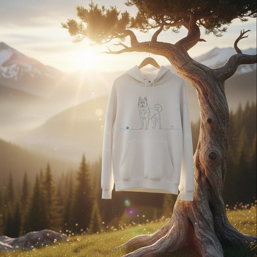 Felpa Unisex con Cappuccio - Husky e cuore - Line Art