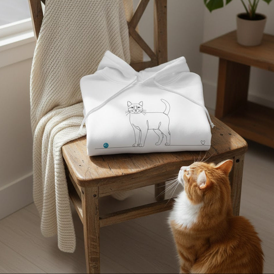 Felpa Unisex con Cappuccio- Gatto a pelo corto e cuore - Line Art