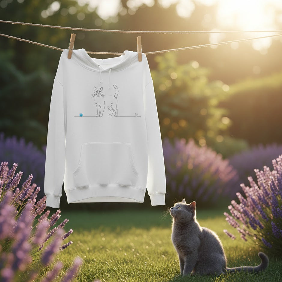 Felpa Unisex con Cappuccio- Gatto a pelo corto e cuore - Line Art