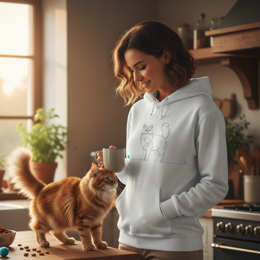 Felpa Unisex con Cappuccio - Gatto a pelo lungo e cuore - Line Art
