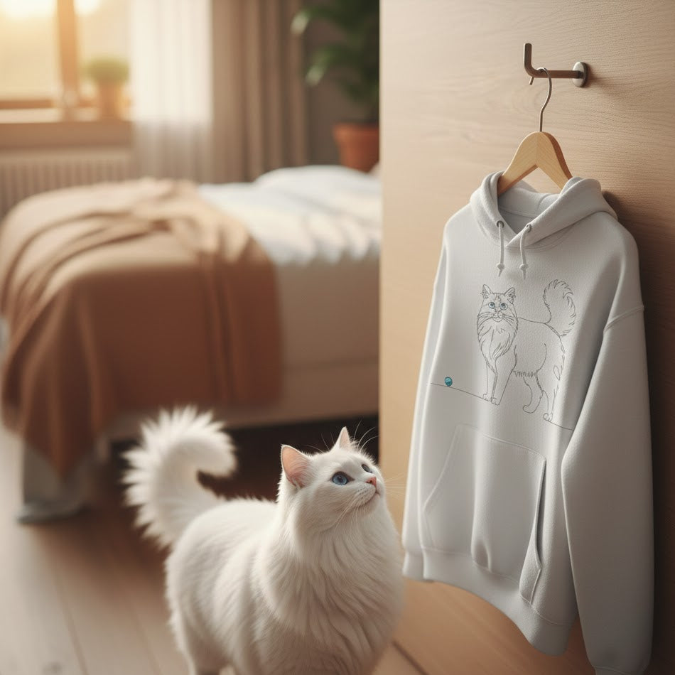 Felpa Unisex con Cappuccio - Gatto a pelo lungo e cuore - Line Art