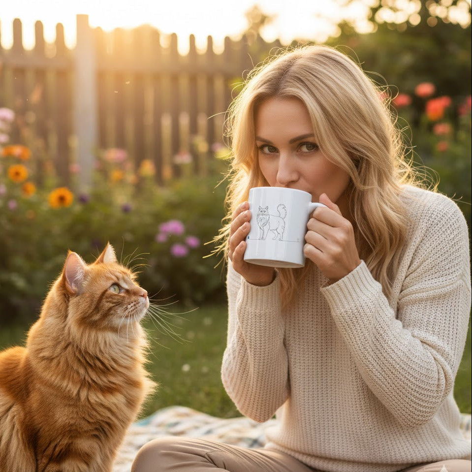 Tazza gatto a pelo lungo e cuore - Line Art