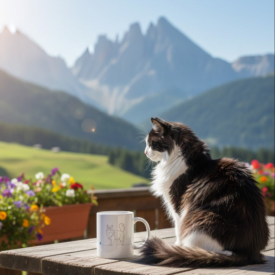 Tazza gatto a pelo lungo e cuore - Line Art