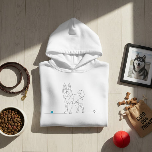 Felpa Unisex con Cappuccio - Husky e cuore - Line Art